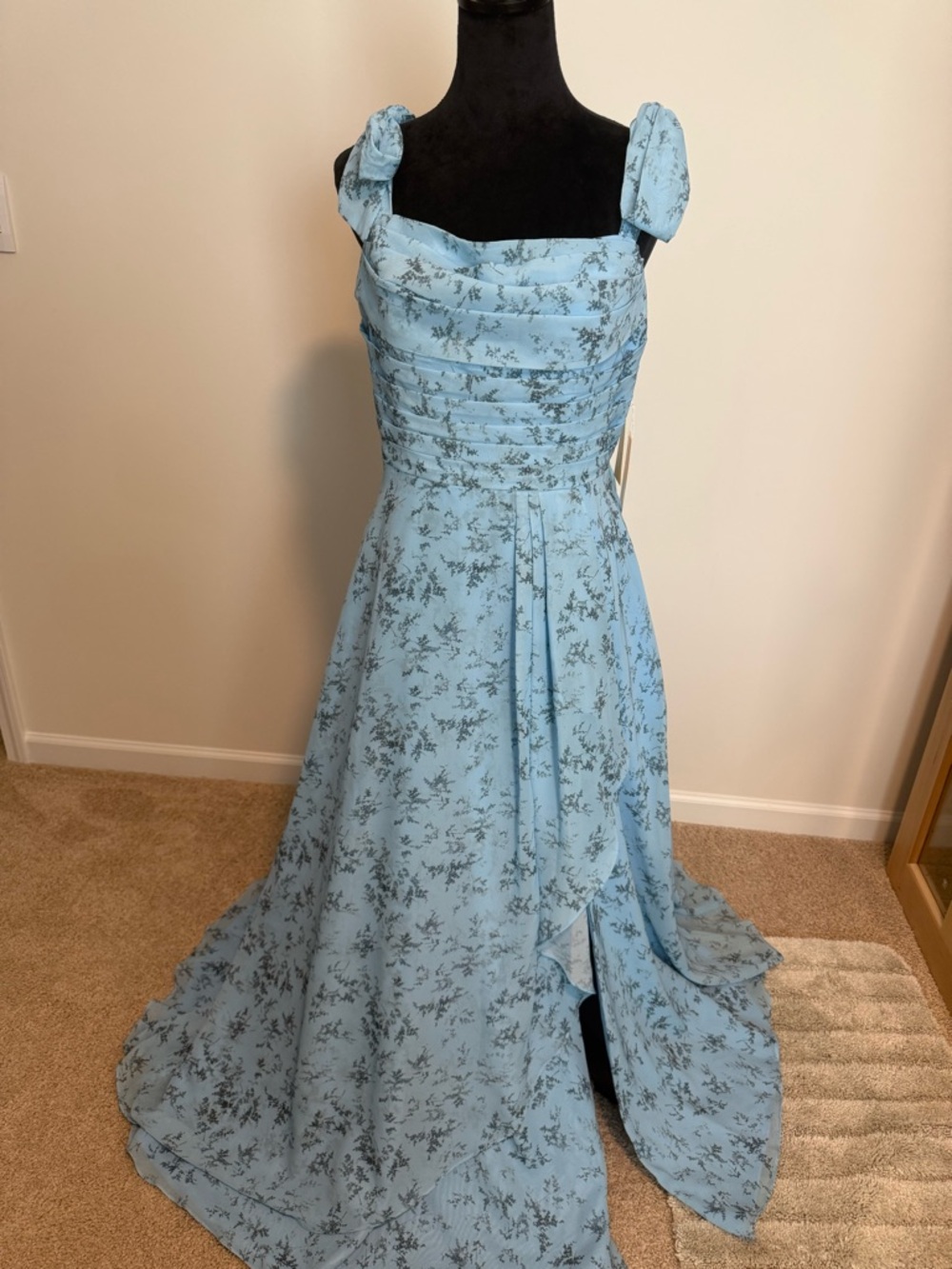 Sky Blue Floral Prom Gown with Ruched Bodice and Bow-Strap Details